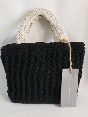 E/N Expressions NYC Crochet Vegan Black and Cream Knit Handbag